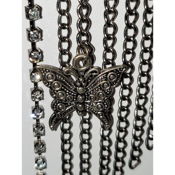 A Gunmetal Rhinestone Necklace Fringe Chain Butterfly Steampunk Boho Fairy Core - Picture 6 of 9